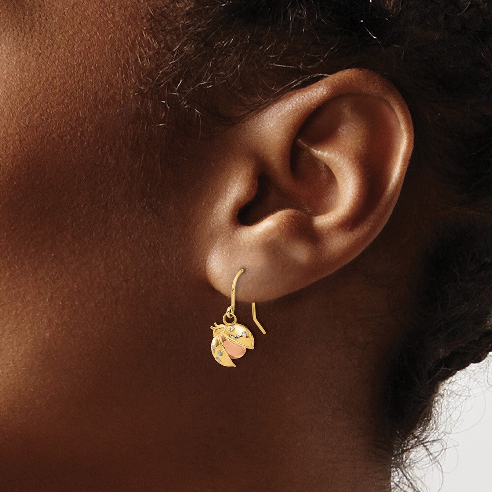 14k Yellow Gold Rose and White Rhodium Diamond-Cut Ladybug Dangle Earrings
