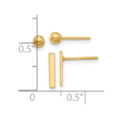 14k Yellow Gold Polished 3mm Ball and Bar Earring Set Gift for Women