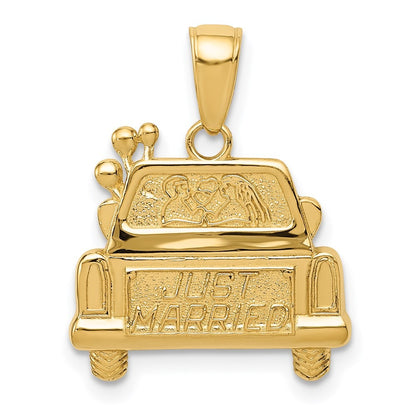 14k Yellow Gold Polished and Textured JUST MARRIED Car Pendant