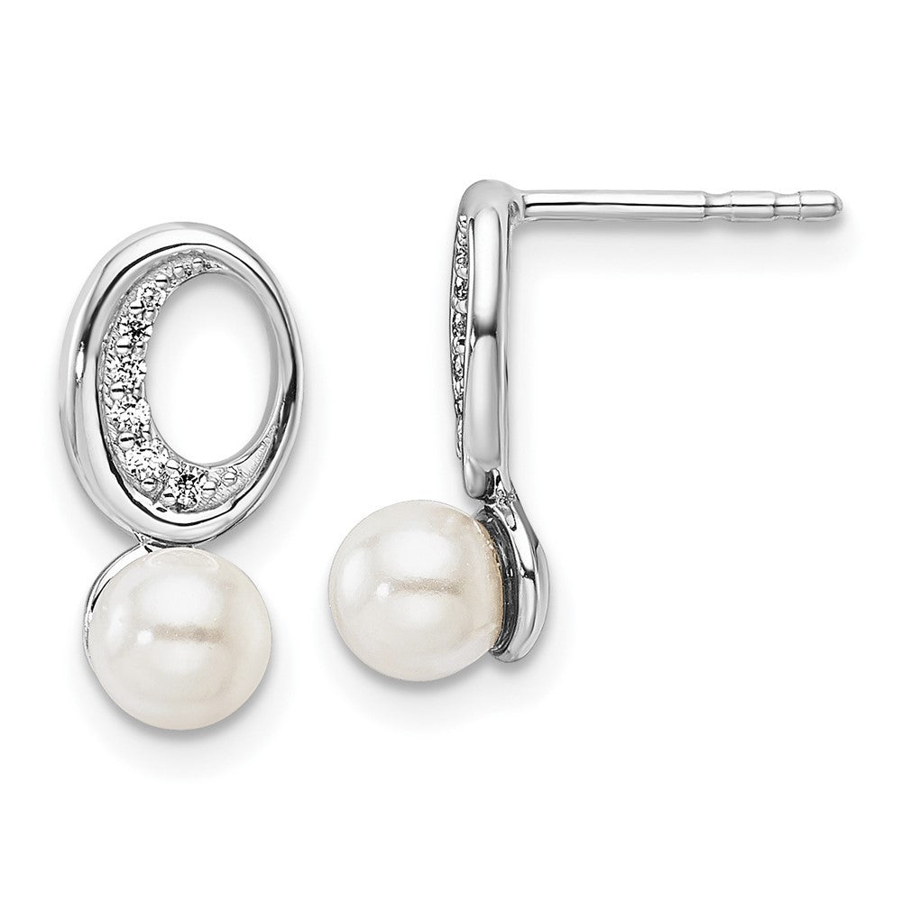 14K White Gold Polished Diamond and Pearl Drop Earrings
