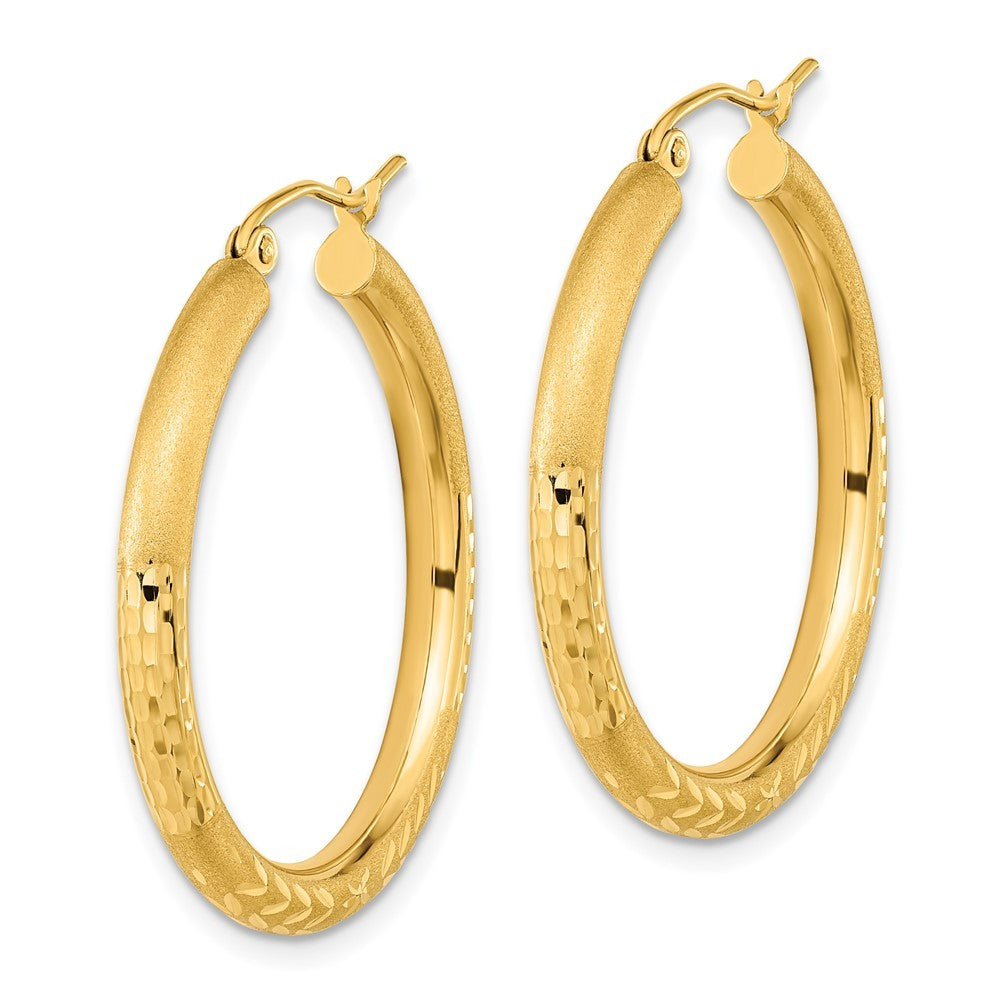 14k Yellow Gold Polished Satin and Diamond-cut Hoop Earrings