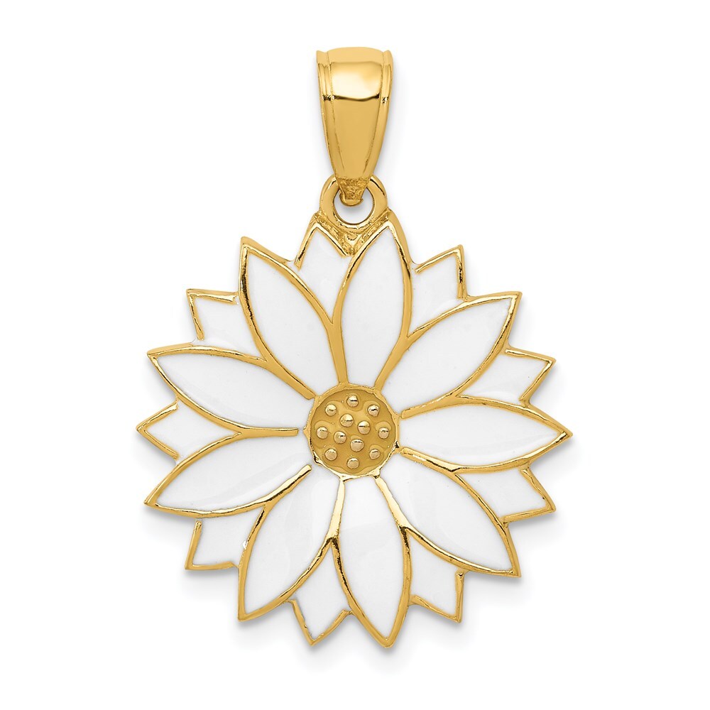 14k Yellow Gold Enameled White Daisy Flower Pendant for Women