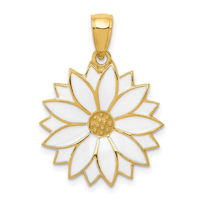 14k Yellow Gold Enameled White Daisy Flower Pendant for Women