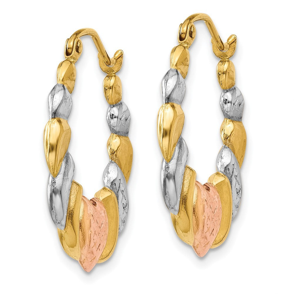 14k Yellow Gold & White and Rose Rhodium Scalloped Heart Hoop Earrings