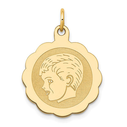 14k Yellow Gold Boy Head on .013 Gauge Engravable Scalloped Disc Charm Pendant