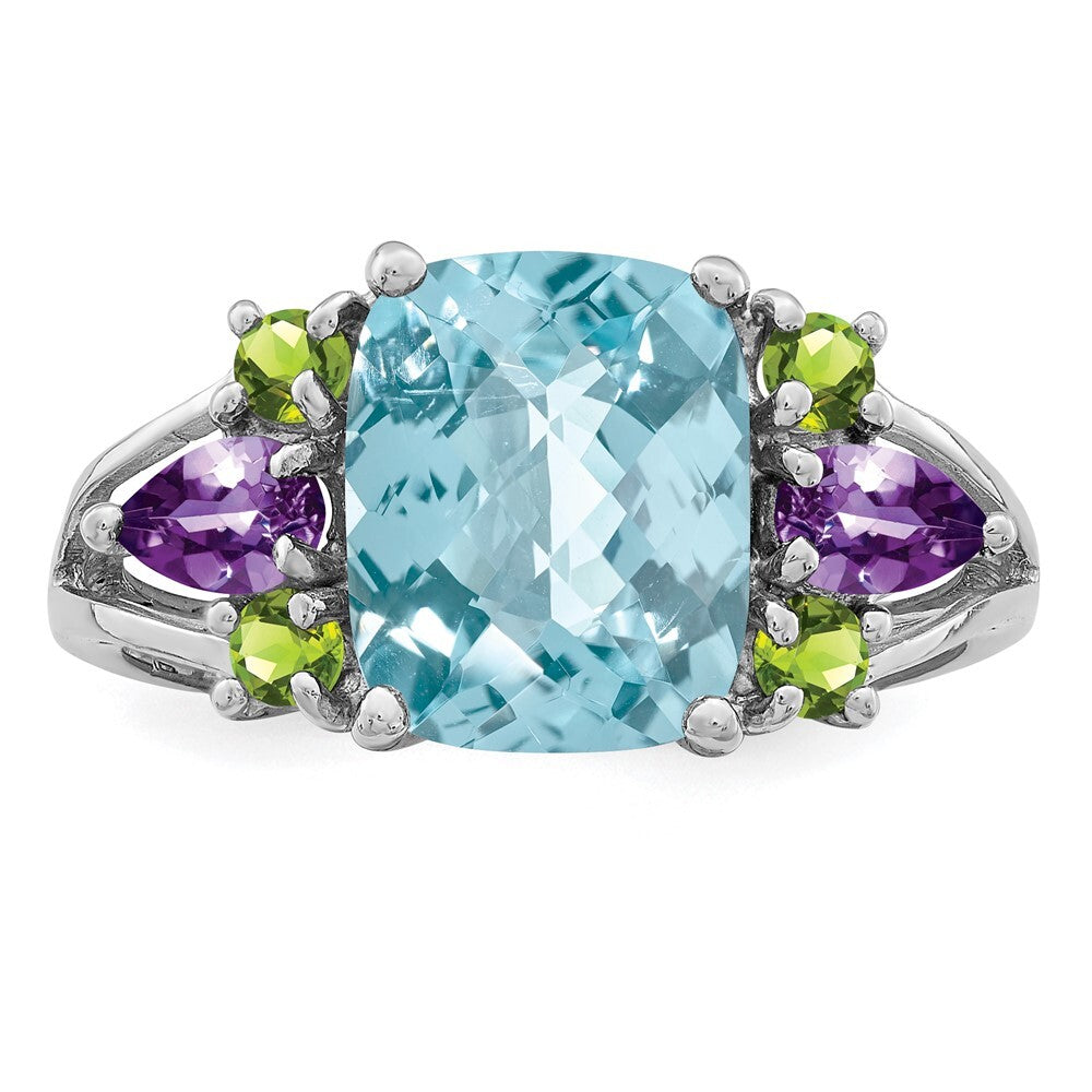 Sterling Silver Rhodium Light Swiss Blue Topaz, Amethyst & Peridot Ring Size 10