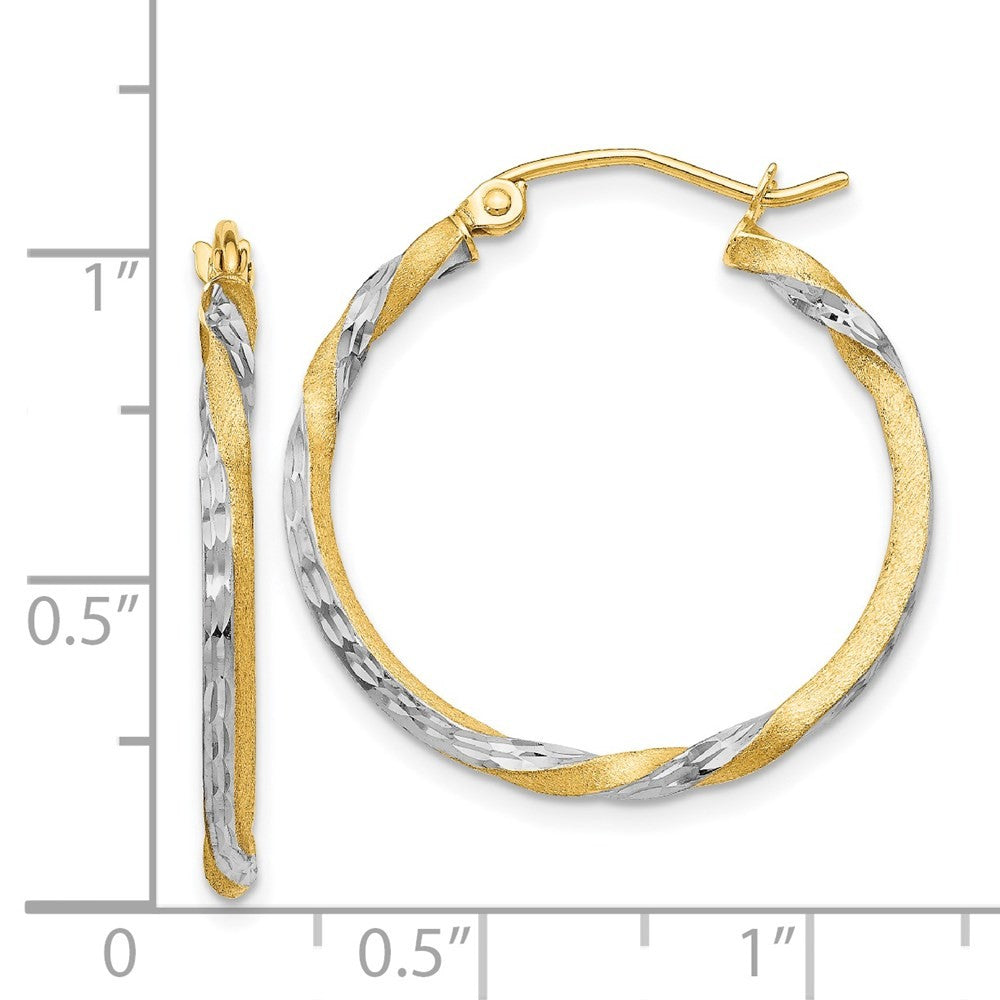 14k Yellow Gold & Rhodium Satin Diamond Cut Twisted Hoop Earrings
