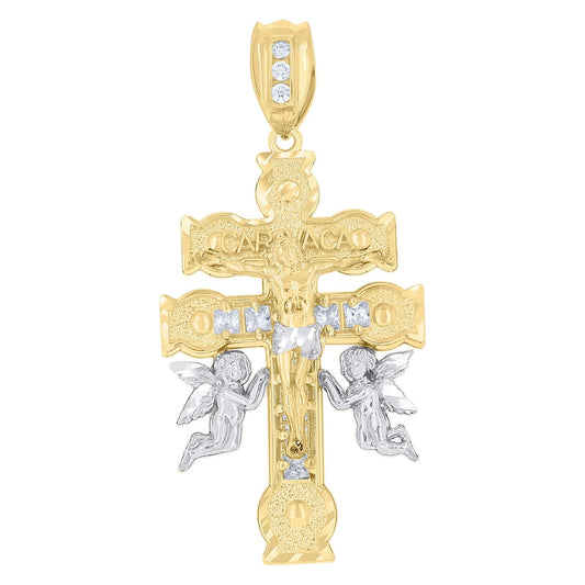 10k Two-Tone Gold Princess Cut CZ Religious Caravaca Cross Crucifix Pendant