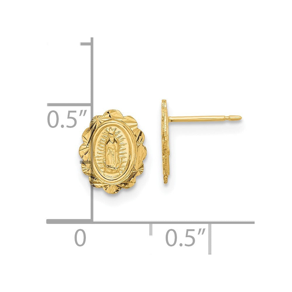 14k Yellow Gold Diamond Cut Miraculous Medal Stud Earrings Gift for Women