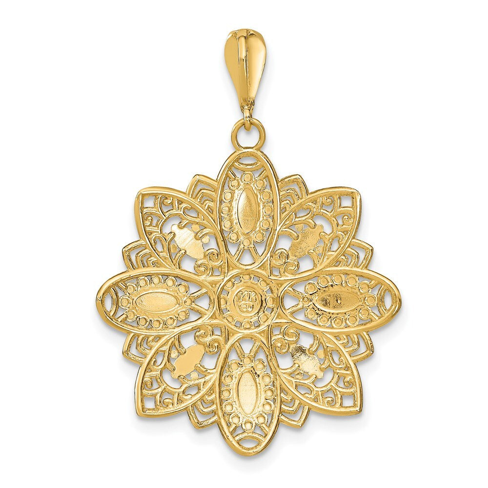 14k Yellow Gold Rhodium Diamond-Cut and Filigree Flower Charm Pendant for Women
