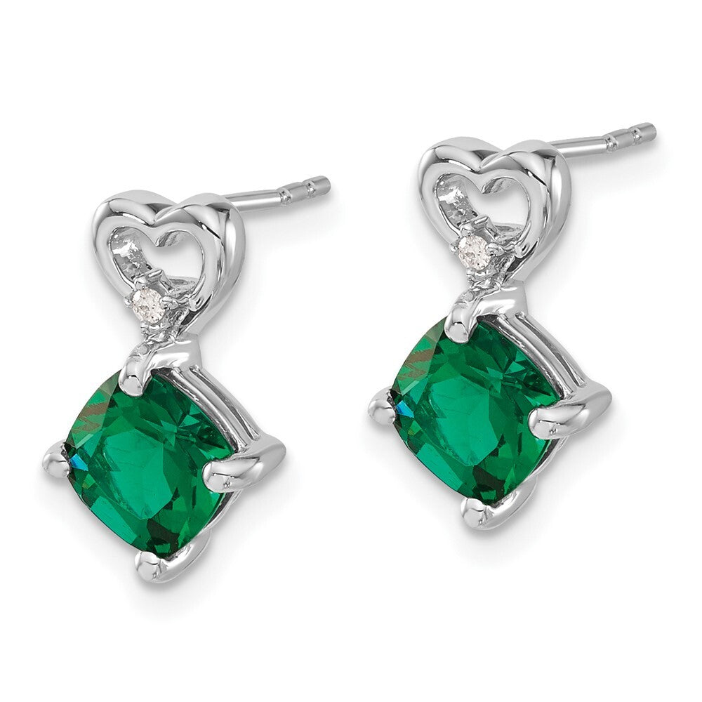 14k White Gold Created Emerald and Diamond Heart Drop & Dangle Earrings