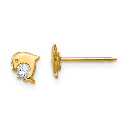 14k Yellow Gold Dolphin Cubic Zirconia Stud Earrings Gift for Women