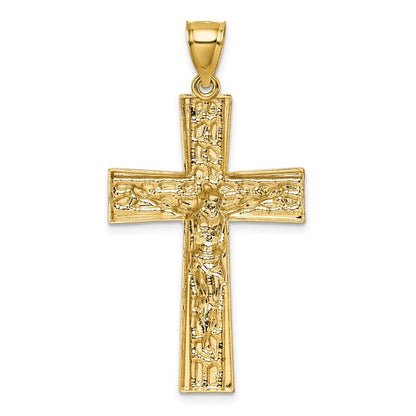 14k Yellow Gold Polished with Rhodium Diamond-cut Nugget Crucifix Pendant