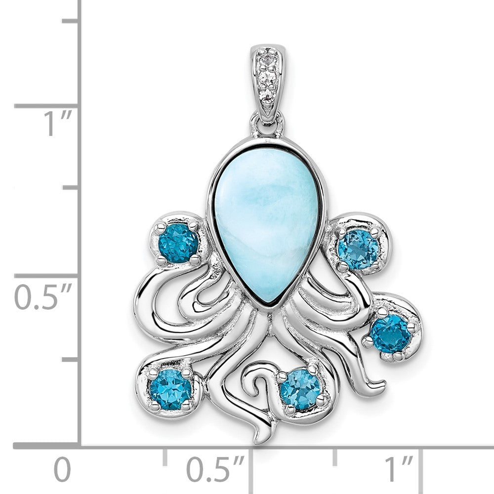Sterling Silver Polished Larimar, White and Blue Topaz Octopus Pendant