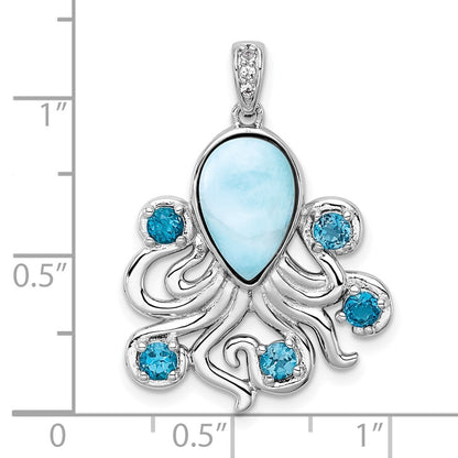 Sterling Silver Polished Larimar, White and Blue Topaz Octopus Pendant