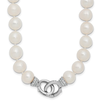 Sterling Silver 9-10mm White Cultured Pearl and CZ Clasp Adjustable Necklace 18"