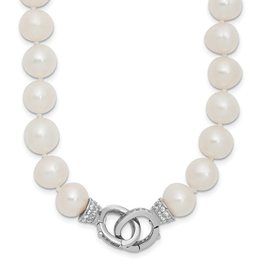 Sterling Silver 9-10mm White Cultured Pearl and CZ Clasp Adjustable Necklace 18"