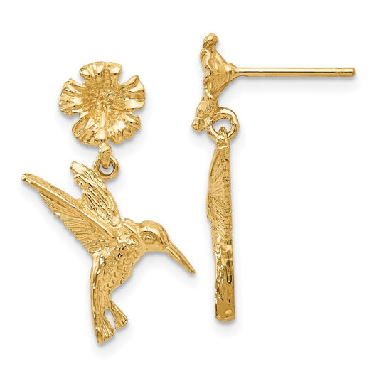 14k Yellow Gold Hummingbird Dangles from Flower Earrings Gift for Women