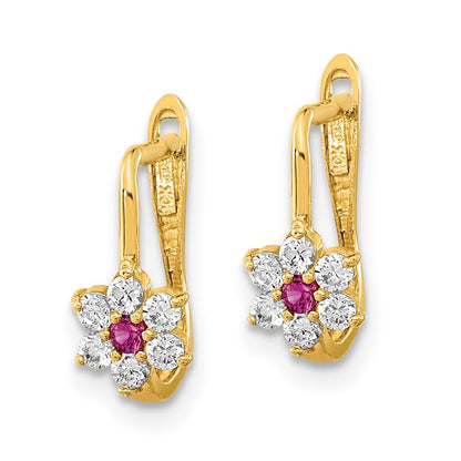 14k Yellow Gold Polished Red and White Cubic Zirconia Flower Hoop Earrings