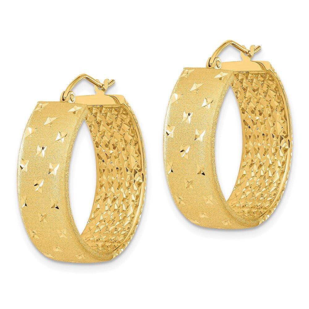 14k Yellow Gold Polished Satin and Diamond-cut Hoop Earrings