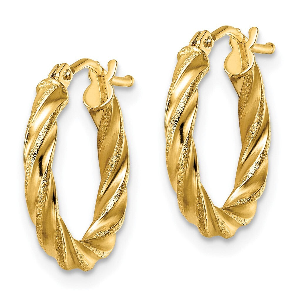 14k Yellow Gold Polished & Textured Twisted Hoop Earrings Gift for Women