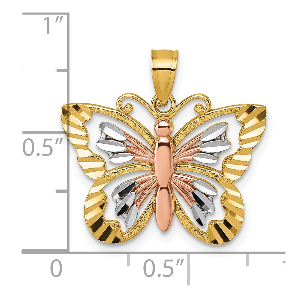 14k Two-tone Gold with White Rhodium Diamond-Cut Polished Butterfly Pendant