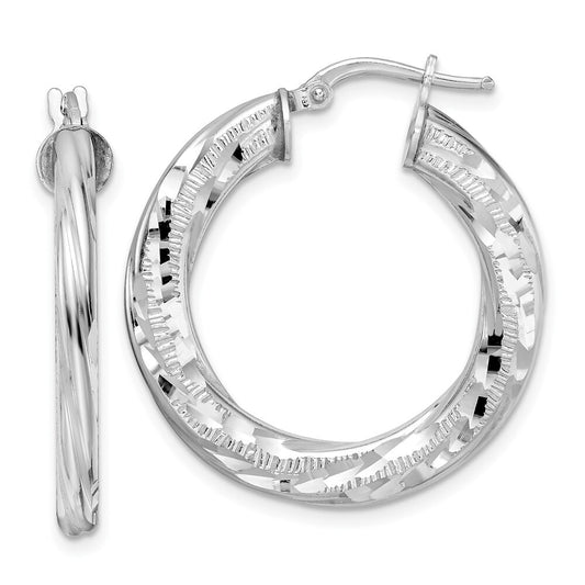 Sterling Silver Rhodium-plated 3x29mm Diamond-cut Twisted Tube Hoop Earrings