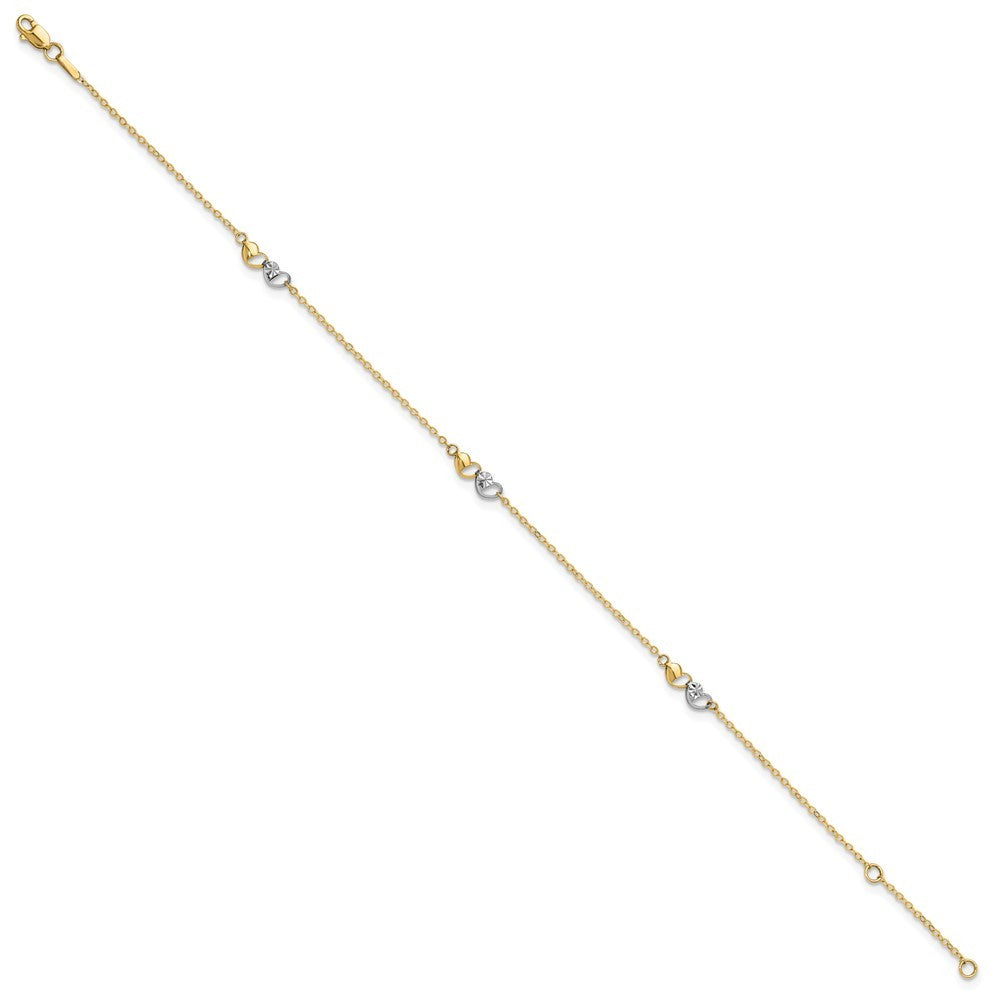 14k Two-tone Diamond-cut Double Hearts 3-Station 10" Anklet