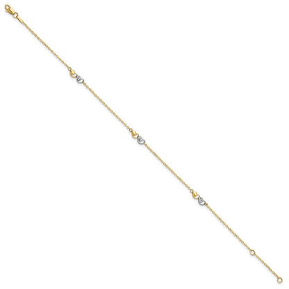 14k Two-tone Diamond-cut Double Hearts 3-Station 10" Anklet