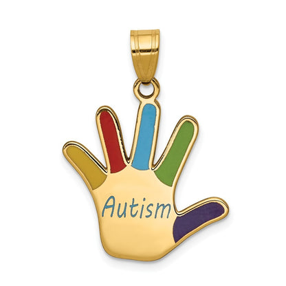 14k Yellow Gold Enameled AUTISM Handprint Pendant