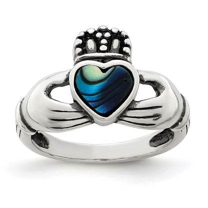 Sterling Silver Antiqued Abalone Inlay and Black Enamel Claddagh Ring Size 8