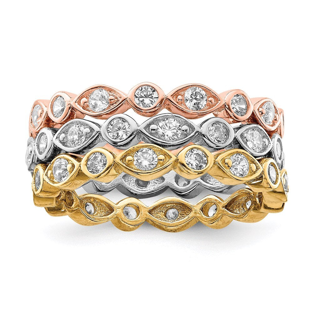 Sterling Silver Vermeil Trio Cubic Zirconia Rings Size 8