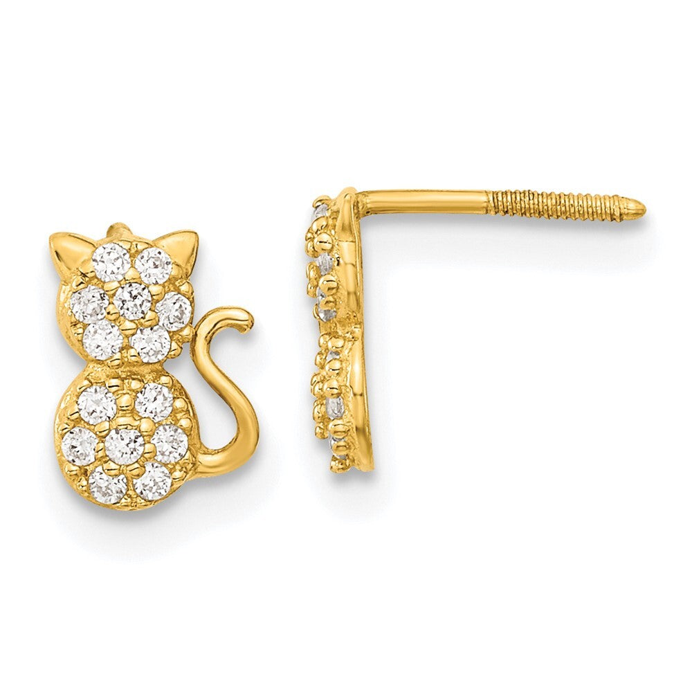 14k Yellow Gold Polished Cubic Zirconia Sitting Cat Screwback Stud Earrings