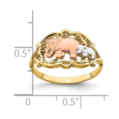14K Two-tone Gold White RH Two Elephants Ring