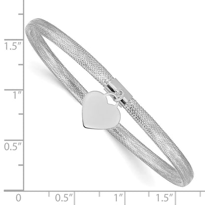 14k Yellow Gold White Rhodium 4mm Heart Dangle Mesh Slip-on Stretch Bracelet
