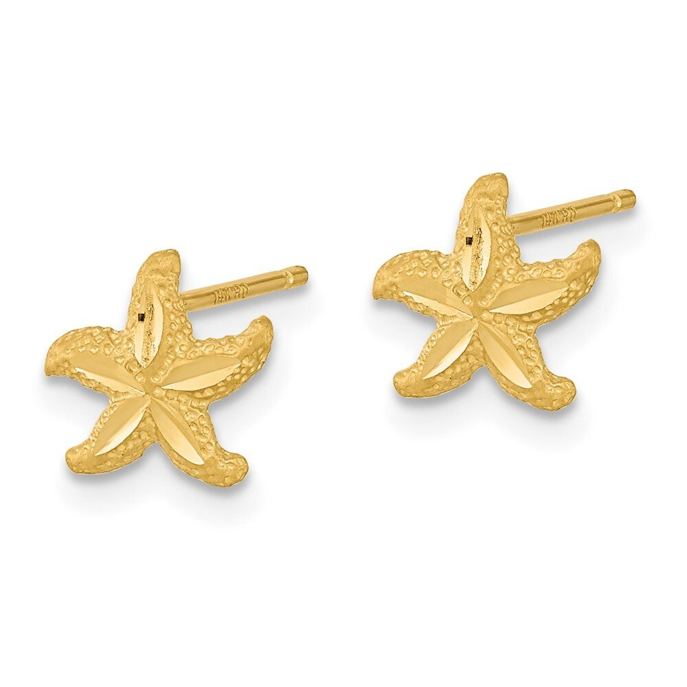 14k Yellow Gold Satin Diamond-cut Starfish Stud Earrings Gift for Women