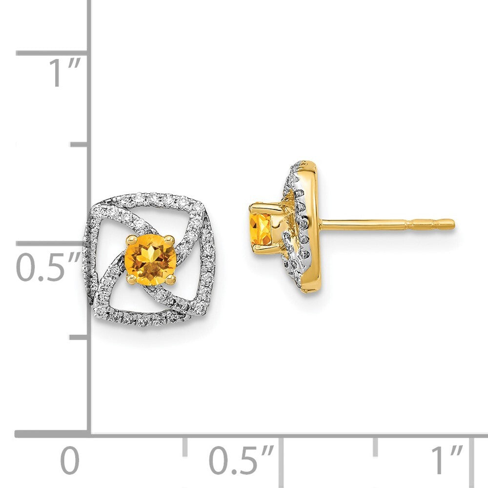 14k Yellow Gold Polished Diamond and Citrine Square Stud Earrings