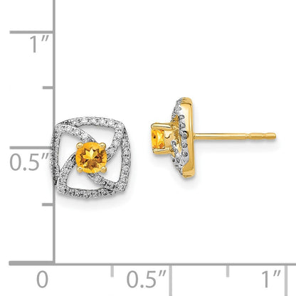 14k Yellow Gold Polished Diamond and Citrine Square Stud Earrings