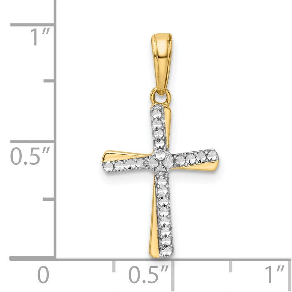 14k Yellow Gold Rhodium Diamond-Cut Cross Pendant for Women