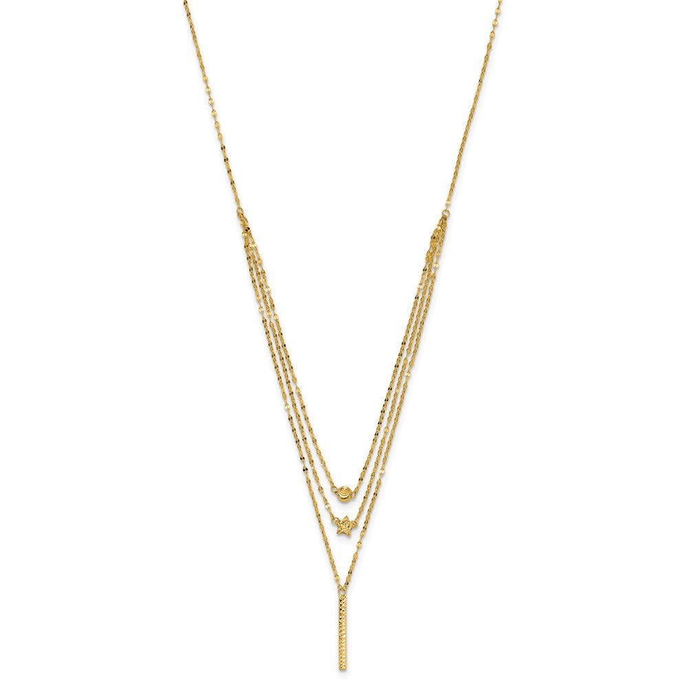 14k Yellow Gold Three Layer Diamond-Cut Bead/Star/Bar Necklace