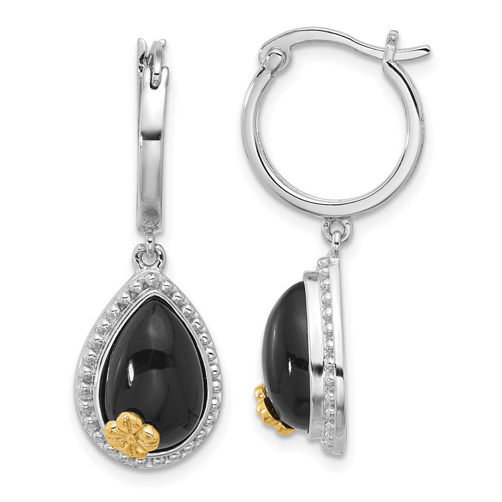 Sterling Silver 14k Gold Accent Black Onyx Beaded Teardrop Dangle Hoop Earrings