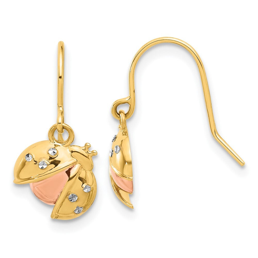 14k Yellow Gold Rose and White Rhodium Diamond-Cut Ladybug Dangle Earrings