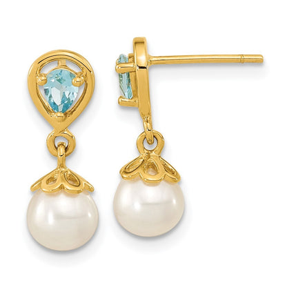 14k Yellow Gold 6-7mm FWC Pearl Light Swiss Blue Topaz Dangle Earrings