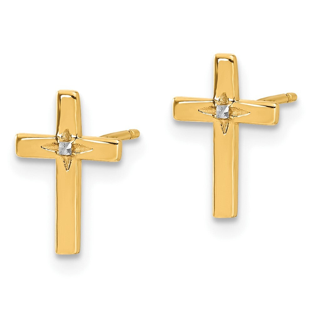 14k Yellow Gold and White Rhodium Cross Stud Earrings Gift for Women