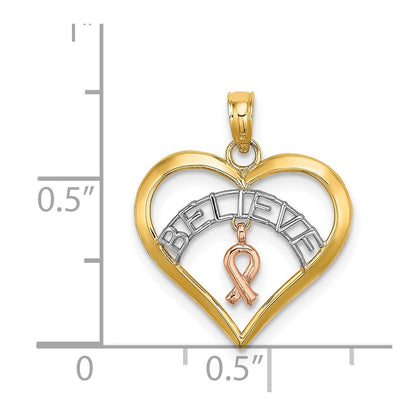 14k Two-tone Gold White Rhodium BELIEVE in Heart  Breast Cancer Ribbon Pendant