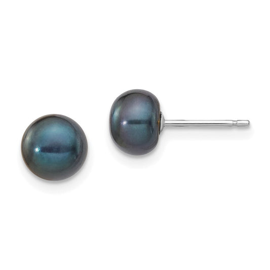 14k White Gold 6-7mm Black Button Freshwater Cultured Pearl Stud Earrings