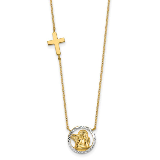 14k Yellow Gold and White Rhodium Diamond-cut Angel and Cross 17 inch Necklace