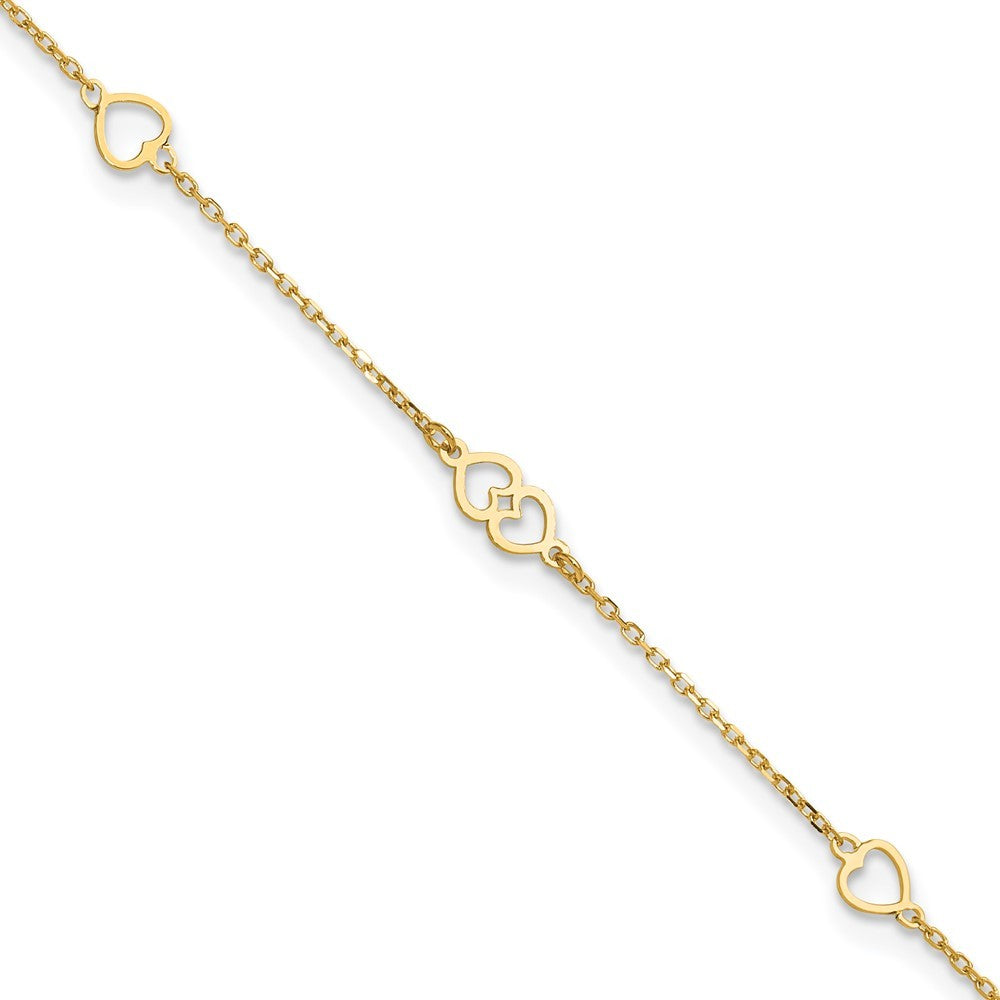 14k Yellow Gold Polished Heart Links and Chain 10" Anklet