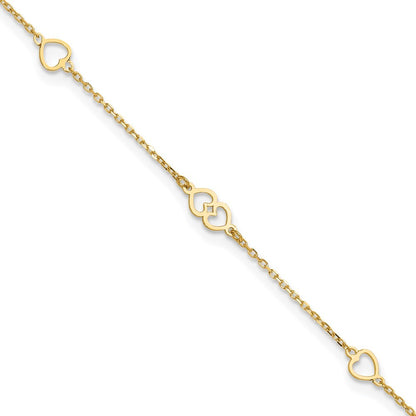 14k Yellow Gold Polished Heart Links and Chain 10" Anklet