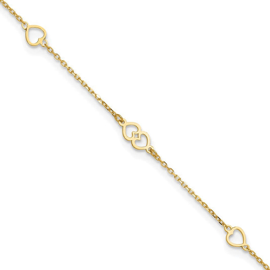 14k Yellow Gold Polished Heart Links and Chain 10" Anklet